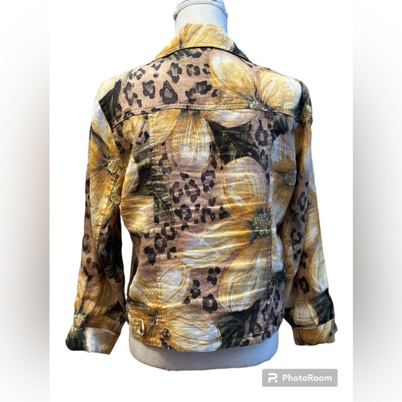 Chicos sz 1 (10) linen button down shirt jacket Hawaiian print floral cropped - Picture 3 of 6